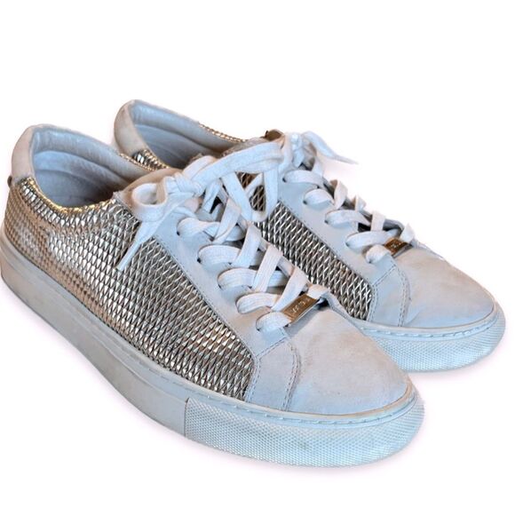 J/Slides Hippie Off White and Gold Leather & Suede Sneakers Size 8.5 - Picture 1 of 7